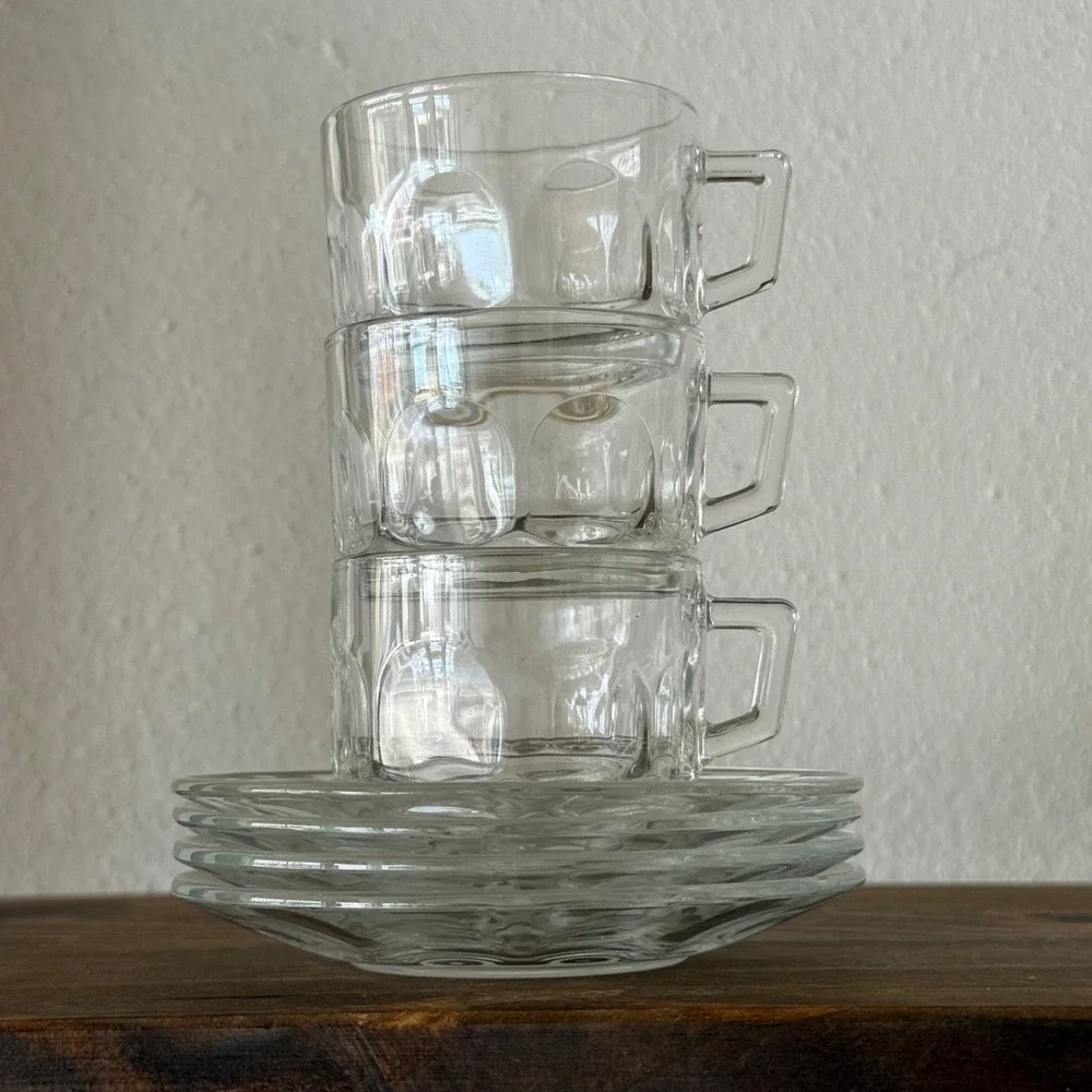 7pc Vintage Arcoroc Petale Clear Glass Tea Cup & Saucer France Set of 3 + 1 Free